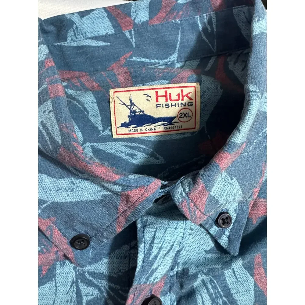 Huk Blue Red Palm Floral Marlin Stretch Button Up Shirt 2XL